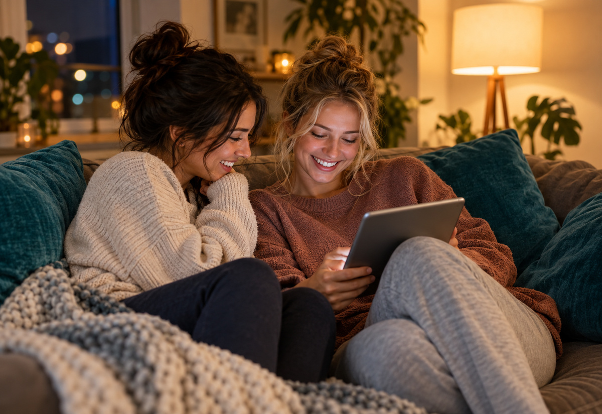 Two people looking at a tablet on a couch